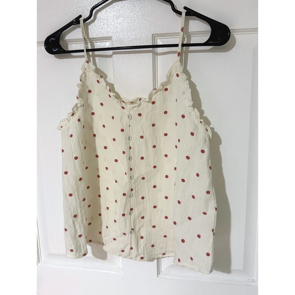 E & M Tops - E & M Womens Polka Dot Button Front Camisole Top Cream Red Ruffle Trim Small